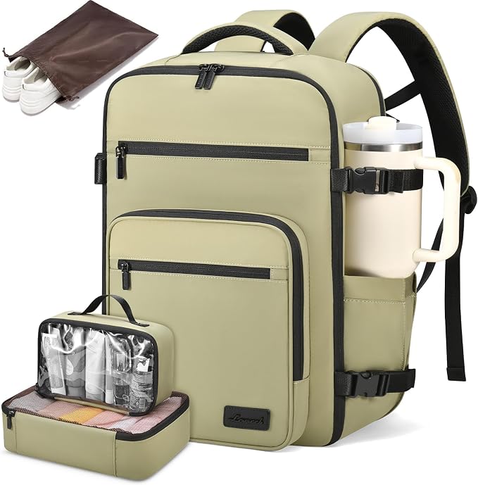 LOVEVOOK Travel Backpack For Women,40L Carry On Backpack Flight Approved,TSA Personal Item Travel Bag Fits 17 Inch Laptop,Weekender Overnight Daypack with Toiletry Bag and Cube,White Light-brown by LOVEVOOK