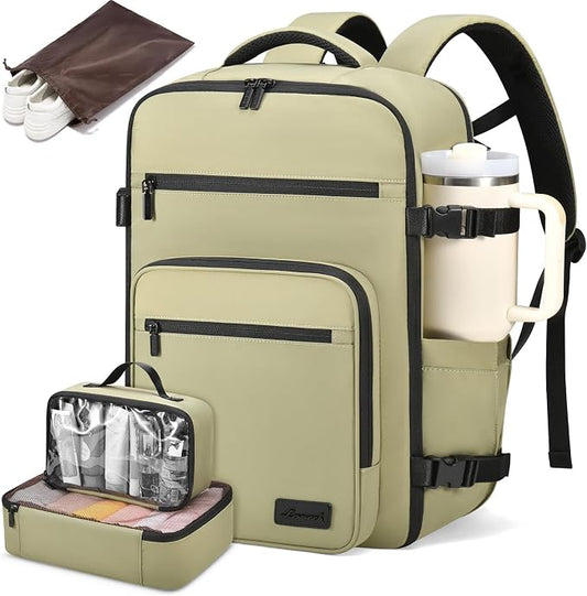 LOVEVOOK Travel Backpack For Women,40L Carry On Backpack Flight Approved,TSA Personal Item Travel Bag Fits 17 Inch Laptop,Weekender Overnight Daypack with Toiletry Bag and Cube,White Light-brown by LOVEVOOK