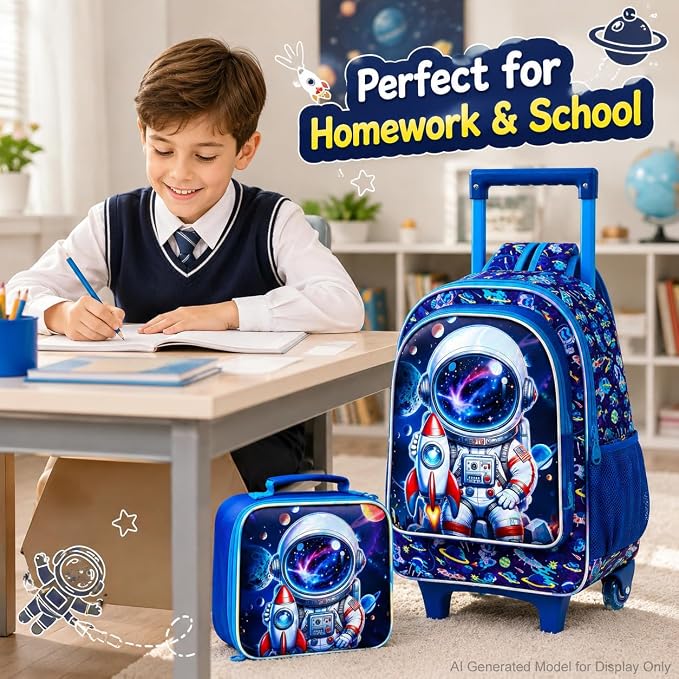 AGSDON 3PCS Rolling Backpack for Girls Boys, Kids Roller Wheels Bookbag, Wheeled School Bag with Lunch Bag - Image 9