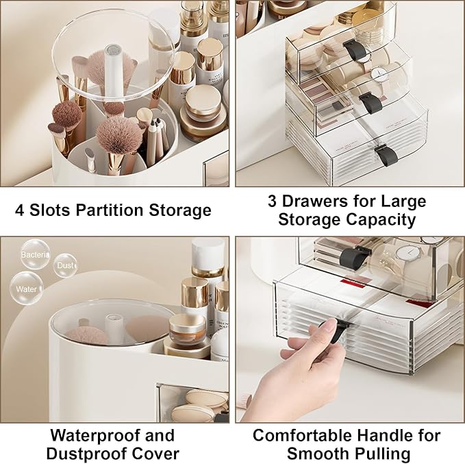 DASITON Makeup Organizer with 3 Drawers,Automatic Lifting Makeup Brush Holder with Lid,Large Capacity Makeup Organizers for Vanity,Bathroom Countertop,Ideal Storage Skin Care,Brushes,Lipstick (White) - Image 5