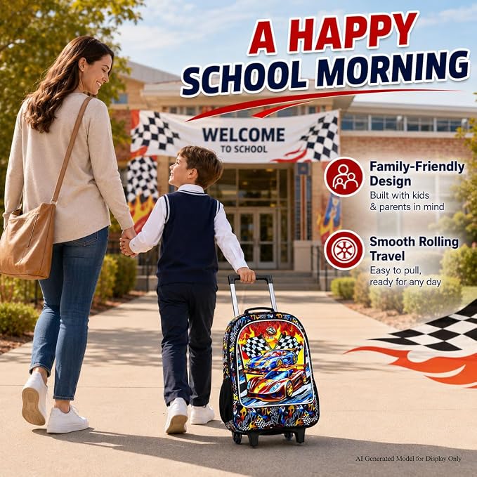 HPJGD 3PCS Car Rolling Bookbag for Boys, Kids School Backpack with Wheels, Water Resistant UV Printed Roller Wheeled Bookbag Set with Lunch Box - Image 6