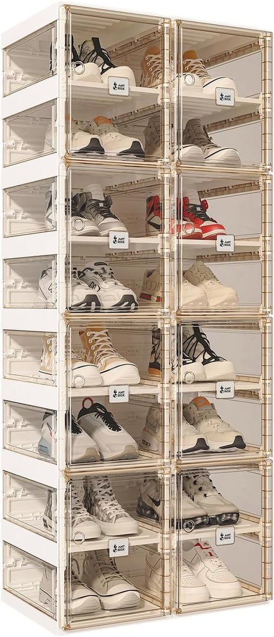 ANTBOX Foldable Shoe Rack,Shoe Organizers for Closet Plastic Shoe Storage Box for Entryway,Living Room,Large Sturdy Stackable Sneaker Cabinet Bins with Magnetic Clear Door 8 Tiers 16 Pairs by ANTBOX
