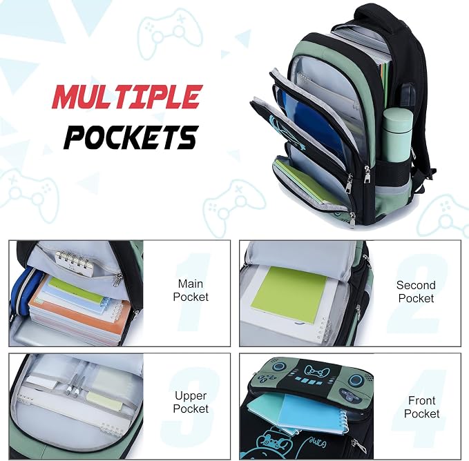 Bevalsa Backpack for School Boys, Cool Luminous Gamer Boys Schoolbag with Lunch Box & Pencil Case Set for Kids Teens Elementary Middle School, Bookbag Glow In The Dark(Green Backpack) - Image 4