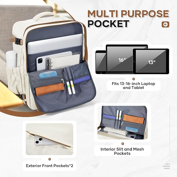 Travel Backpack For Women Men Carry on Backpack Luggage Flight Approved Personal item Travel Bag Essentials Mochila de viaje Laptop College Backpack Large Beige Brown - Image 4