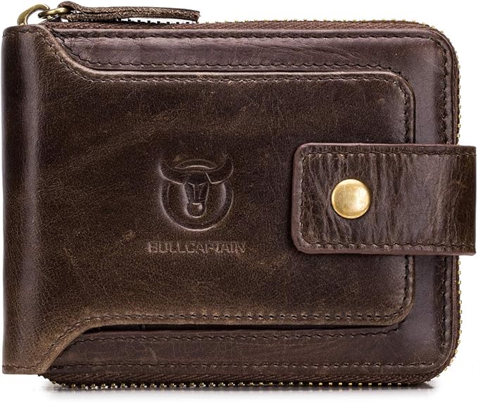 BULLCAPTAIN Genuine Leather Wallet for Men Large Capacity ID Window Card Case with Zip Coin Pocket QB-231 (Coffee)