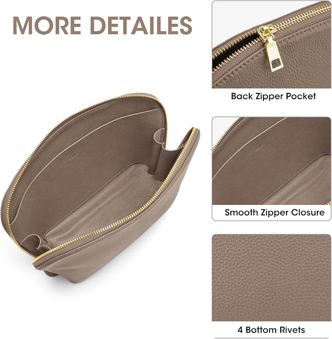 Kattee Leather Makeup Bag, Travel Cosmetic Bag Set, Toiletry Bag Organizer for Women, 1-PACK, Medium, Khaki - Image 4