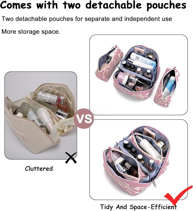 BOYATU Travel Makeup Bag for Women: Large Capacity 3-Piece Cosmetic & Toiletry Organizer - Expands Storage by 50% with 2 Detachable Pouches,Opens Flat for Easy Packing,Waterproof PU Leather(Pink) - Image 2