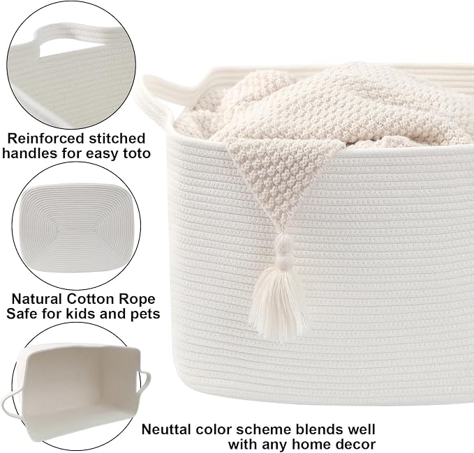 96L XXXLarge Woven Laundry Basket with Sturdy Handles - White | 24x16x15 Foldable Rectangular Blanket Basket for Toys, Clothes & Pillows,Ideal for Nursery, Bathroom, Bedroom, Living Room - Image 3