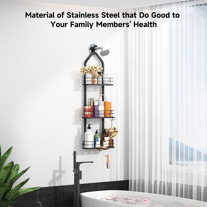 Shower Caddy Hanging (Black), Adjustable Anti-Swing-Over The Shower Head Caddy, 3 Tier Height Bathroom Storage Organizer, Bathroom Shelves Basket Rack, Shower Caddies Rack with Adjustable Soap Basket - Image 2