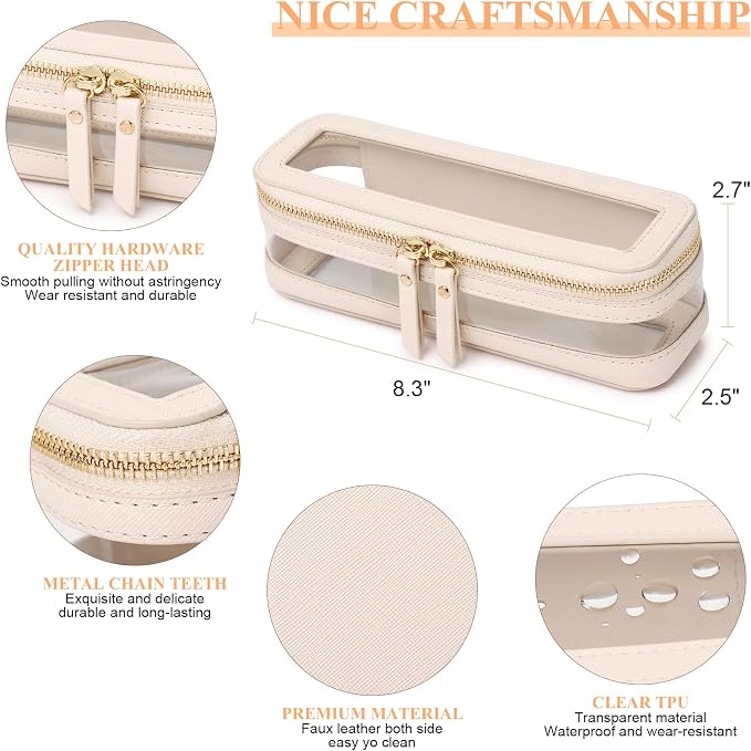 Pinkmik Makeup Brush Case Clear Travel Cosmetic & Toiletry Bag Slim Makeup Bag with Zipper Small Purse Organizer Car Essential Bag for Women (Beige, SLIM-1) - Image 4