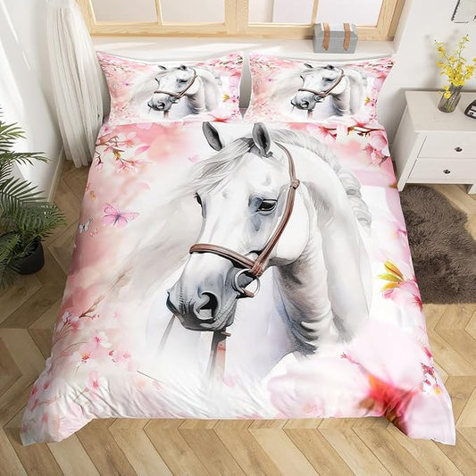 Horse Duvet Cover Queen for Boys Girls Wild Animal Print Bedding Set Pink Cherry Blossoms Decor Comforter Cover 3D White Horse Flower Butterfly Print Bedding 3 Pcs Farmhouse Spring Theme Bedspread by Erosebridal