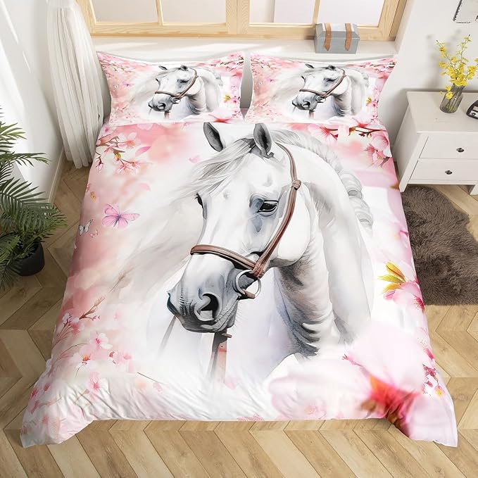 Horse Duvet Cover Full for Boys Girls Wild Animal Print Bedding Set Pink Cherry Blossoms Decor Comforter Cover 3D White Horse Flower Butterfly Print Bedding 3 Pcs Farmhouse Spring Theme Bedspread by Erosebridal