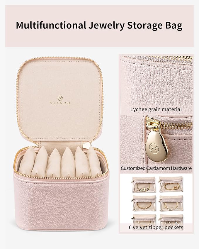 Vlando Travel Jewelry Case,Jewelry Organizer with 6 zipper velvet Jewelry bags for Women Girl,Wedding Birthday Gift Ideas for Women Earrings Rings Storage Gift Box Packaging Pink - Image 4