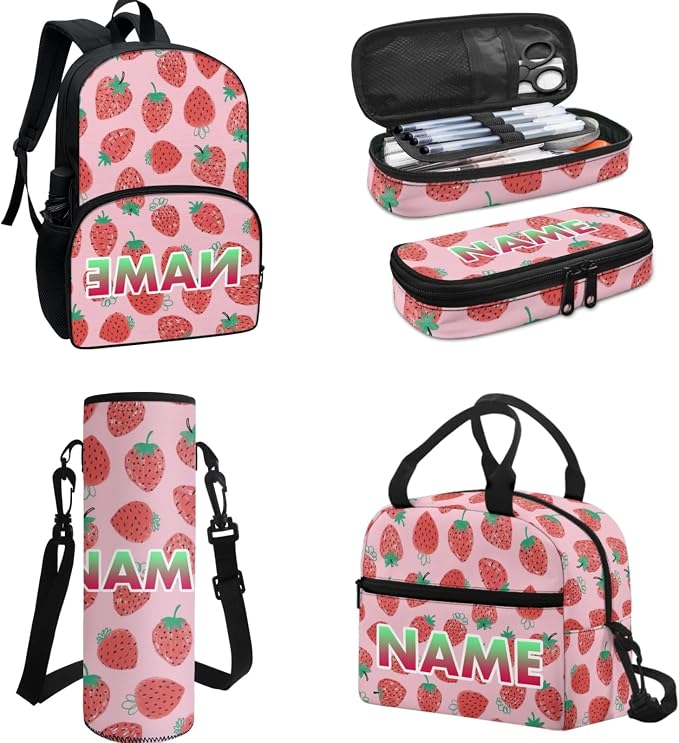 Red Strawberry Student Backpacks, Cartoon Fruit School Bookbag for College Laptop Backpack, Pink Lunch Bag Water Bottle Holder 4 Set Pen Bags - Image 2