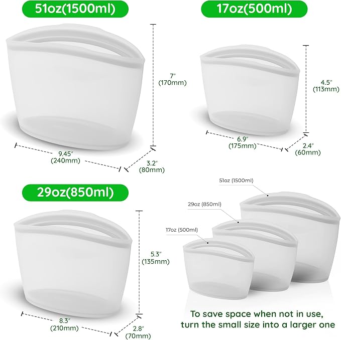 Reusable Silicone Food Storage Bags, 3-Pack Variety Set (2, 3.5, 6 Cups), Made in Korea BPA-Free Silicone, Triple-Airtight Freezer Bags, Microwave Safe, Sous Vide, Zip Lock Pouch, White - Image 7
