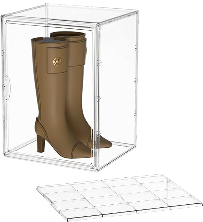 Attelite XXX-Large Clear Display Case Stackable Plastic Storage Bins with Lid, 2 Tiers Boot Shoe Box Organizers with an Adjustable Divider, Big Acrylic Display Storage Box with Magnetic Door by Attelite