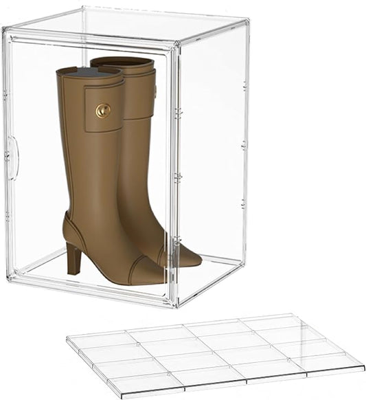 Attelite XXX-Large Clear Display Case Stackable Plastic Storage Bins with Lid, 2 Tiers Boot Shoe Box Organizers with an Adjustable Divider, Big Acrylic Display Storage Box with Magnetic Door by Attelite