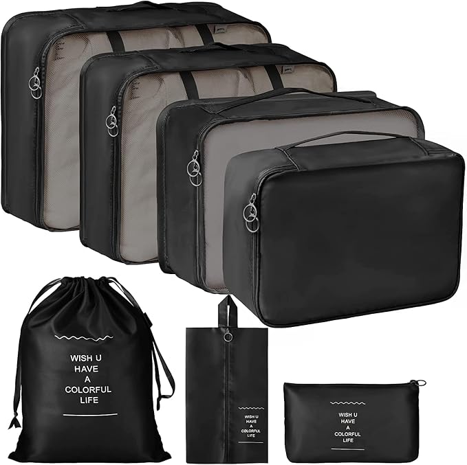 Travel organizer 7 in 1 Packing Cube For Travel Space Saver Laundry Cosmetics Luggage makeup Bag Organizers Set with Shoe Bag for travel (Black) by Niwlix