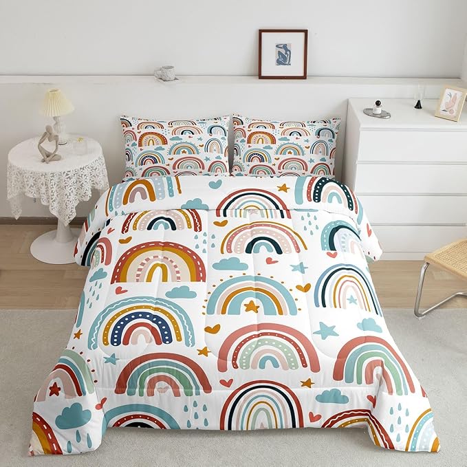 Erosebridal Rainbow Comforter Set for Girls, Cartoon Rainbow Bedding Set Queen Size for Kids Boys Women Bedroom Decor, Love Heart Stars Duvet Insert Hand Drawn Iridescent Down Comforter, Colorful - Image 2
