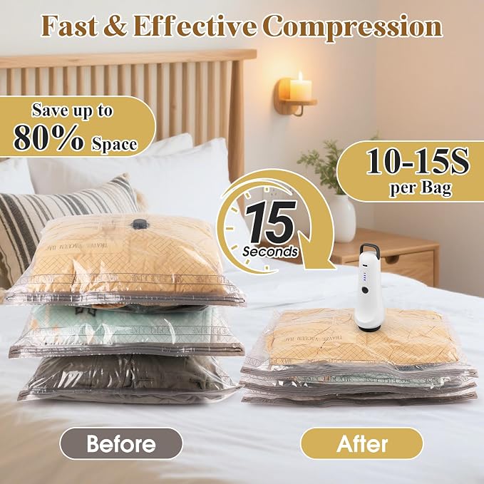 Vacuum Bags for Travel with Cordless Pump, Reusable Vacuum Seal Bags for Clothing Travel, 4500Pa Suction, Space Saver Bags for Home Carry-on Luggage Suitcase, Travel Essentials, 9 Pack - Image 2