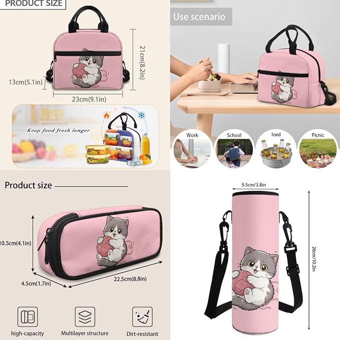 Cartoon Cat Pink Girls Backpack Set, 4 Piece School Bookbag with Lunch Box and Pencil Case Water Bottle for Kids, Water Resistant Middle Elementary School Backpack Schoolbag Daypack - Image 6