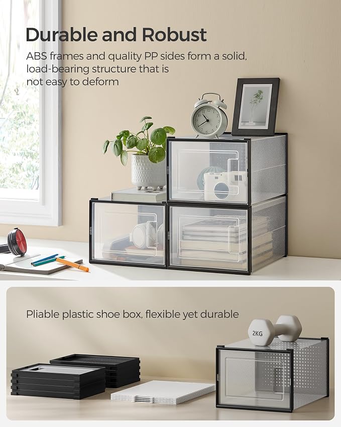 SONGMICS Shoe Boxes, Pack of 12 Shoe Storage Organizers, Stackable Clear Plastic Boxes for Closet, Sneakers, 13.7 x 9.9 x 7.4 Inches, Transparent and Black ULSP007B12 - Image 4