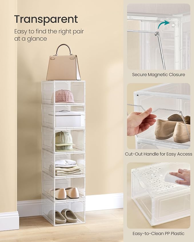 SONGMICS Shoe Boxes, Set of 6, Clear Plastic Shoe Storage, Stackable Sneaker Box, Drop Front Door, Up to US Size 11, Easy Assembly, 13 x 9.8 x 7.1 Inches, Transparent White ULSP032W06 - Image 5