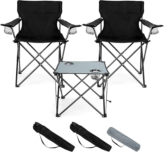 HaSteeL Folding Camping Chair Set of 3, Foldable Black Camp Chairs & Grey Table, Large Lawn Chair Portable for Adults Hiking, Fishing, Picnic, Outdoor BBQ, Travel, Sports, Cup Holders & Storage Bags by HaSteeL