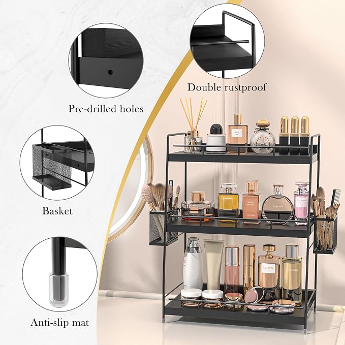 Bathroom Counter Organizer,Bathroom Countertop Organizer with Baskets,Vanity Organizers,Counter Shelf,Countertop Storage, Makeup Organizers(Black) - Image 4