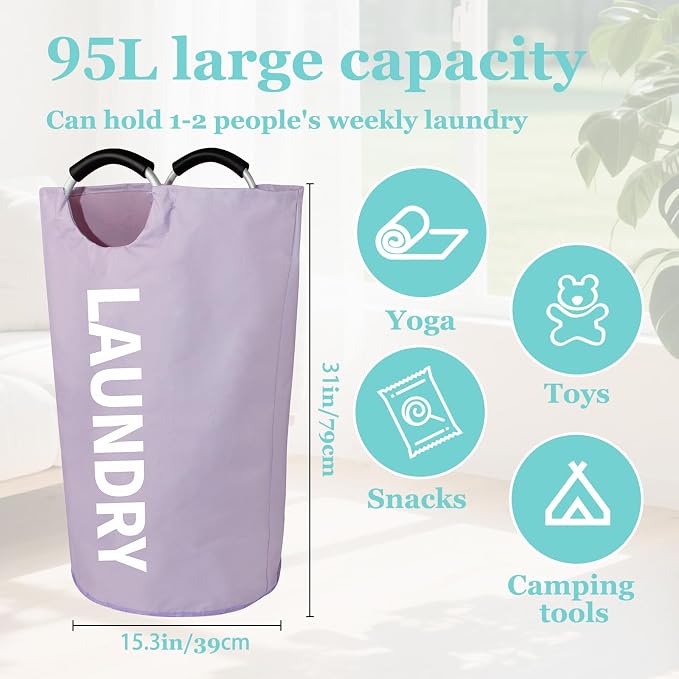 WOOHA Laundry Basket, Laundry Hamper,Collapsible Folding Clothes Hamper, Waterproof Easy Carry with Foam Protected Aluminum Handles,laundry bag,95L,Purple - Image 4