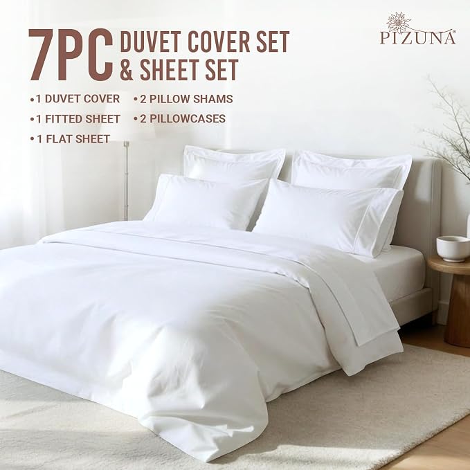 Pizuna Pure 100% Long-Staple Cotton Duvet Cover + Sheet Set King, Luxurious 400 Thread Count Long Staple Cotton, Soft Sateen Weave Bedding Set (White) - Image 3