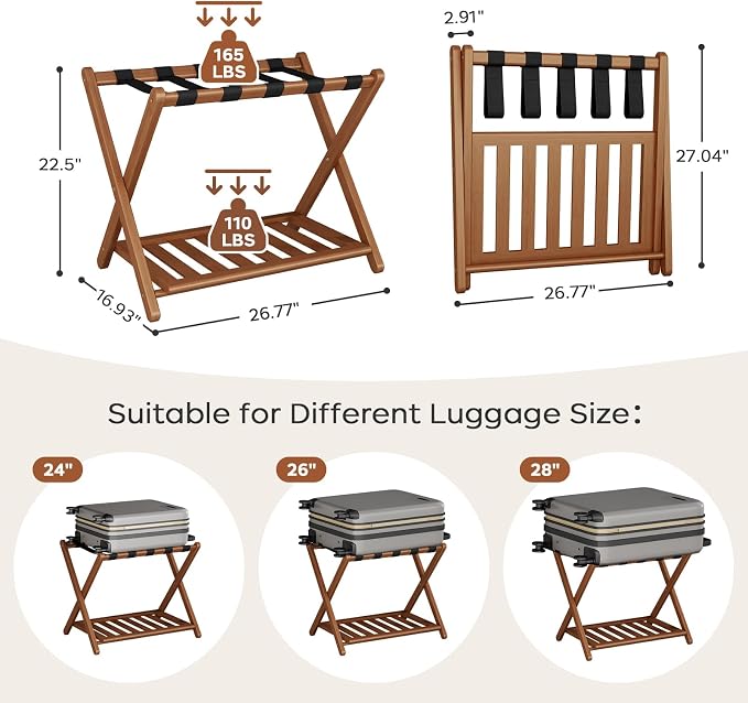 Full Assembled 26.77"L Luggage Rack Set of 1 - Luggage Stand for Guest Room, Foldable Suitcase Stand with Shoe Shelf, Luggage Holder for Suitcases, Bedroom, Hotel (Walnut Bamboo Suitcase Holders) - Image 2