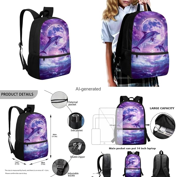 Purple Dolphin Girls School Backpacks with Lunch Box and Pencil Preschool Kindergarten Elementary School Bookbag Case Lightweight Casual Daypack for Beach Travel Camping - Image 3