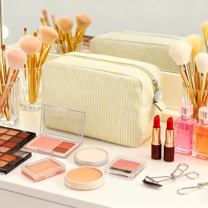 Giesiery 8 Pcs Seersucker Makeup Bags Striped Cosmetic Bags Bulk Organizer for Women Preppy Travel Toiletry Pouch for Wedding Bridesmaid Gifts (Pastel Color, Large) - Image 2
