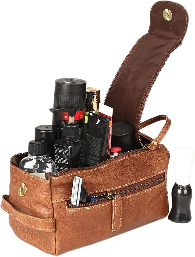 KomalC Premium Buffalo Leather Toiletry Bag for Men & Women With Water resistant Lining, Grooming Travel Pouch, Unisex Wash Bag for Toiletries, Gifts for Men and Women - Image 6
