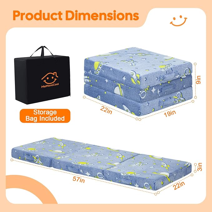 MeMoreCool Glow Rocket Kids Foldable Floor Mattress, 57x22 Inch Blue | Glow rocket trifold mattress for boys room, playroom, camping and travel - Image 3
