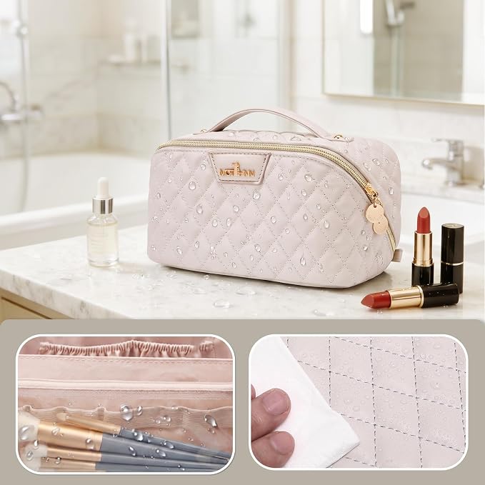 Travel Makeup Bags Cosmetic Organizer: 3Pcs Set Puffy Make up Bag for Women | Beige Premium Quilted ELEGANCE Design | Large Capacity Leather Toiletry Bags | Wide Open Compact Case for Travel Essentials - Image 2