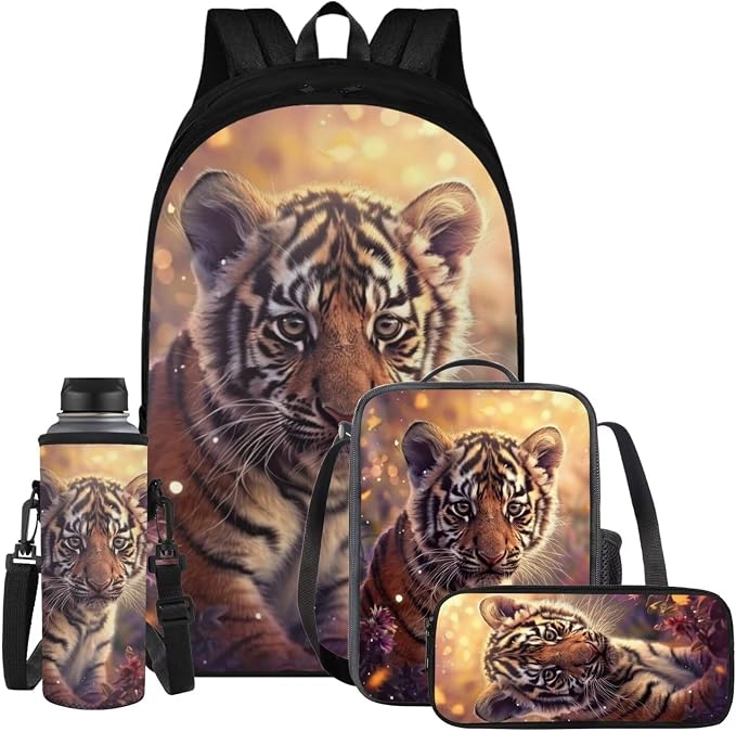 Tiger Backpack for Kids Girls Backpack with Lunch Box Water Bottle Carrier and Canvas Pencil Pouch 4PCS Set Cute Bookbag with Compartments 17 inch Sturdy School Bag with Side Pocket for Boys by ELEDIZI