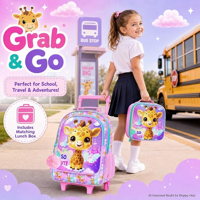 HPJGD 3PCS Giraffe Rolling Backpack for Girls, Kids School Backpacks with Wheels, Water Resistant UV Printed Roller Wheeled Bookbag Set - Image 2