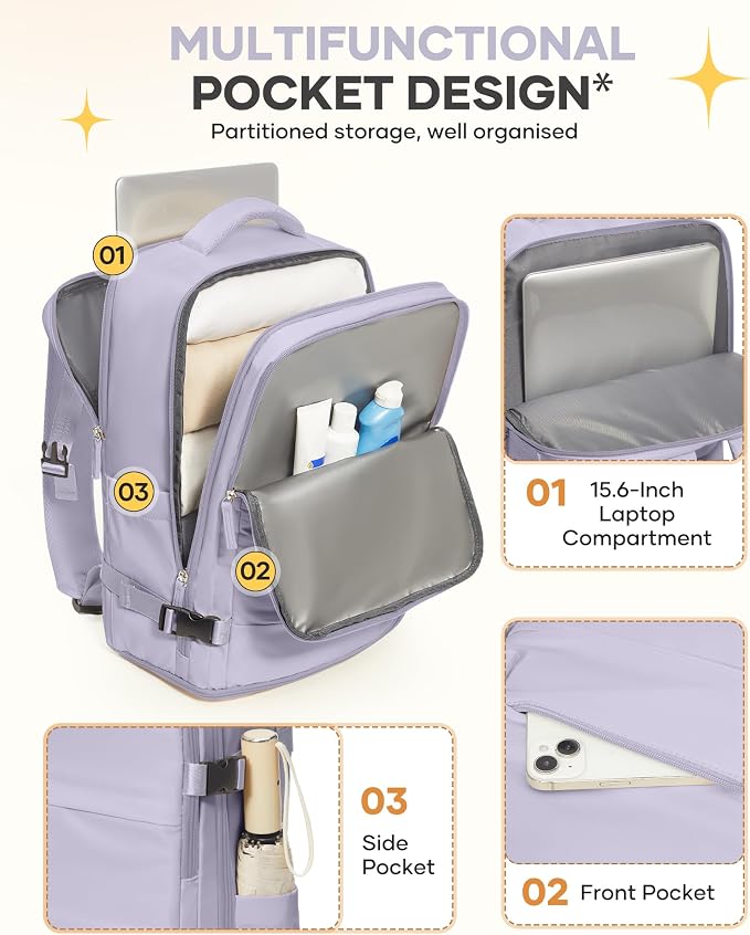 coofay Large Carry On Backpack Flight Approved Personal Item Travel Backpack For Women Airline Approved Waterproof Sports Luggage Backpack Casual Daypack Small Hiking Backpack Purple Backpack - Image 5