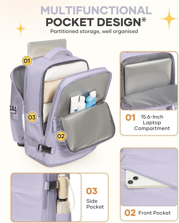Carry On Backpack Personal Item Travel Backpack For Women Airline/Flight Approved Waterproof Sports Luggage Casual Daypack Small Hiking Backpack Purple - Image 4