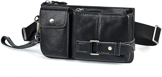 Water Resistant Canvas + Leather Hiking Riding Travel Fanny Waist Pack Small Phone Pouch For Men Women FB811-29 (100% Leather-The 8135 Black) by Handadsume