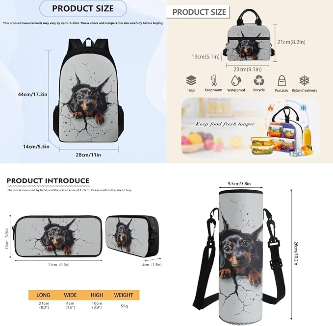School Backpack Set, Funny Dachshund Portable School Bags with Water Bottle Carrier Lunch Boxes Pencil Cases for Kids Teens Student Bag Daypack Set 4 in 1 - Image 7