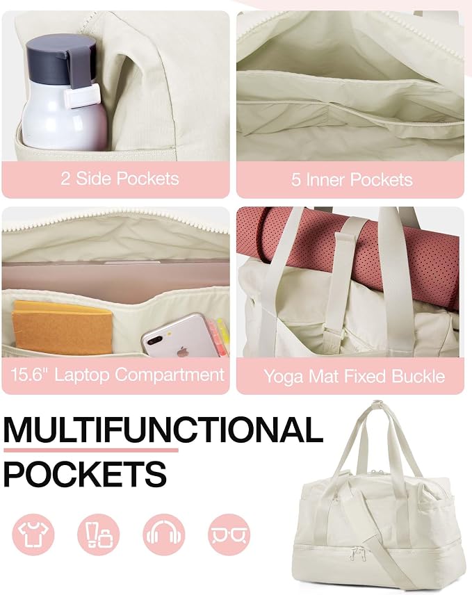 Weekender Bags for Women, BAGSMART Travel Duffel Bags with Shoe Compartment,Personal Item Travel Bag for Airlines, Carry on Overnight Tote Bag with Toiletry Bag (Light Beige,2pcs) - Image 3