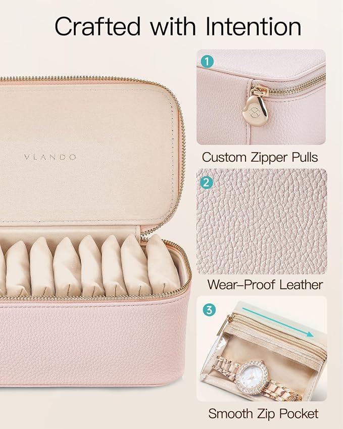 VLANDO Teacher Gifts for Women,Jewelry Box with 12 Velvet Jewelry Bags Travel Jewelry Case for Girls Jewelry Organizer for Travelers Birthday Gift Ideas for Women (Pink) - Image 3