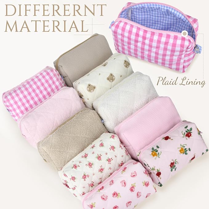 Paterr 10 Pcs Quilted Makeup Bag Bulk Cotton Floral Cosmetic Bag Women Girls Bridesmaid Gifts Cute Makeup Pouch Coquette Aesthetic Travel Toiletry Organizer(Beige Floral,7.87 x 4.72 x 3.15 Inches) - Image 3