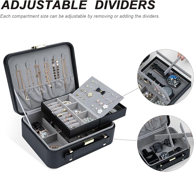 Large Jewelry Travel Organizer, 2 Layers Jewelry Box with Tray Black - Image 6