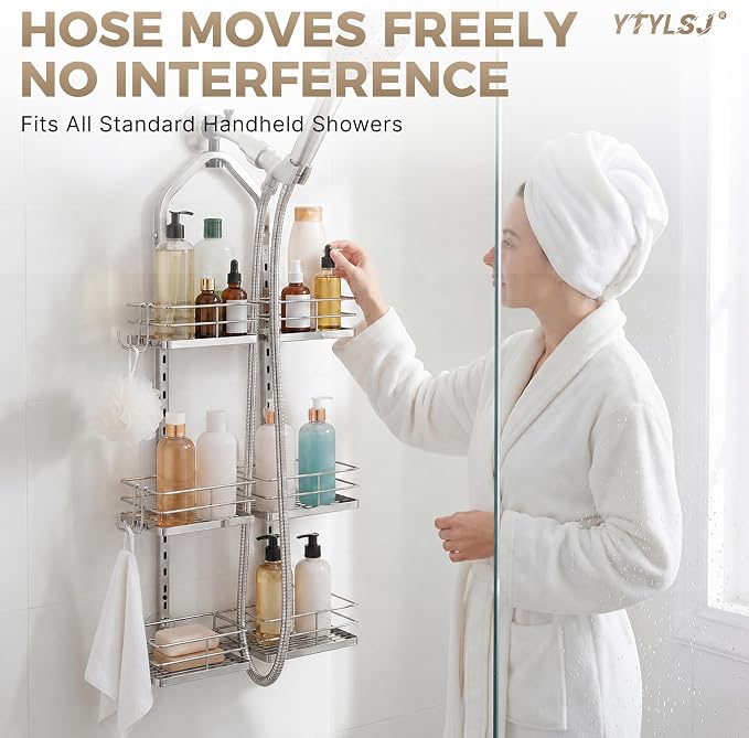 3-Tier Hanging Shower Caddy, Stainless Steel with Dual Clamp, Silver | Heavy-duty stainless steel, adjustable shelves for large families, Rustproof, tool-free install, Fits handheld showerheads - Image 6