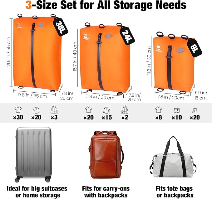 3 Pack Vacuum Bags for Travel with Pump, 3-Size Set Reusable Vacuum Compression Bags for Luggage, Space Saver IP67 Waterproof Vacuum Packing Cubes for Suitcase&Backpack, Orange - Image 2