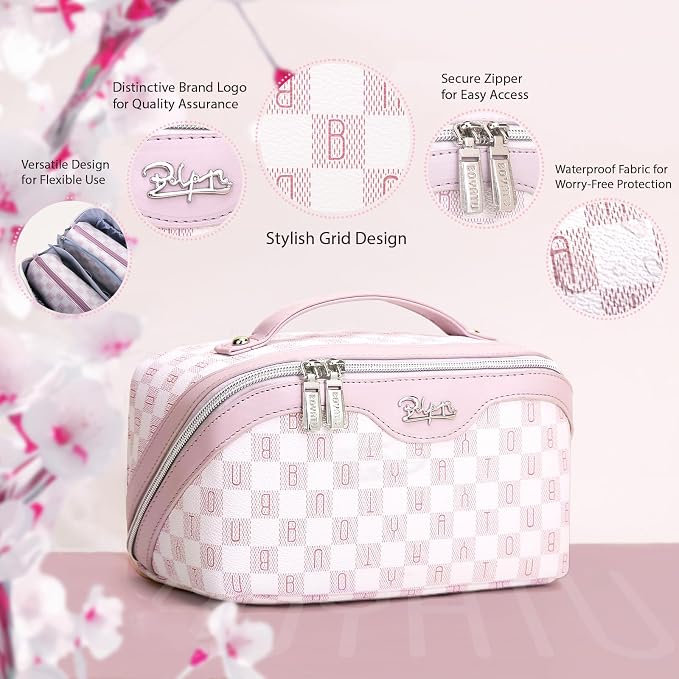 BOYATU Travel Makeup Bag Organizer Cosmetic Bag: 3 Pcs Set Make up Bags for Women with Handle - Waterproof Vegan Leather Toiletry Bags Travel Essentials Pouch with Compartments (H-05-Pink) - Image 4